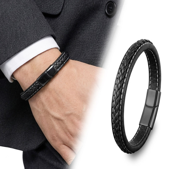 siyah saç örgü deri çelik erkek bileklik