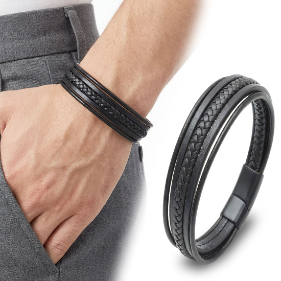 Siyah Çoklu El Örgüsü ve Düz Deri Detaylı Erkek Bileklik