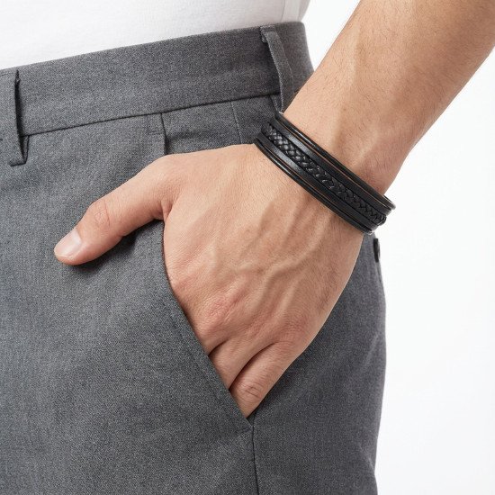 Siyah Çoklu El Örgüsü ve Düz Deri Detaylı Erkek Bileklik