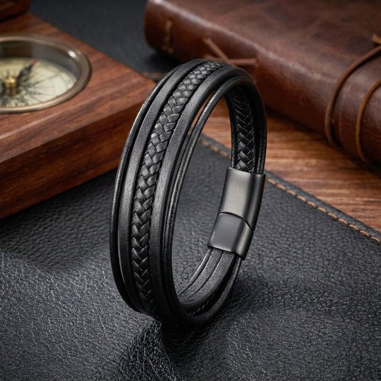 Siyah Çoklu El Örgüsü ve Düz Deri Detaylı Erkek Bileklik