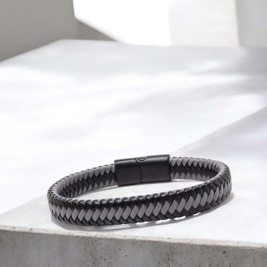 Siyah gri örgü deri ve çelik erkek bileklik