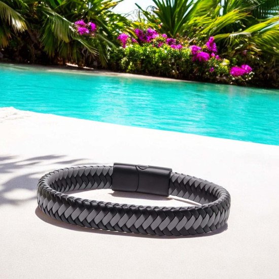 Siyah gri örgü deri ve çelik erkek bileklik