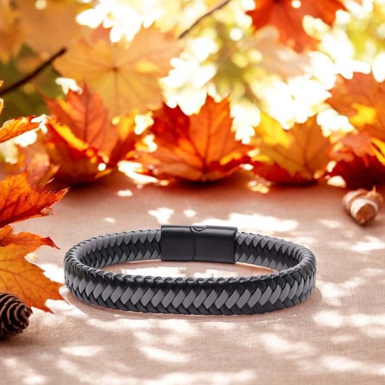 Siyah gri örgü deri ve çelik erkek bileklik