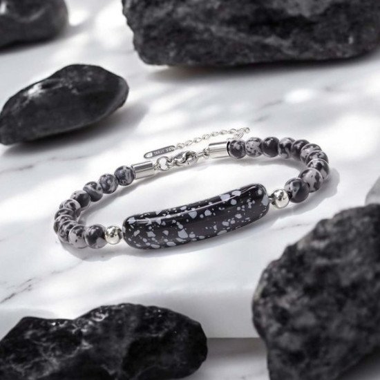 Snowy Obsidyen Doğal Taşlı Çelik Halat Zincir Erkek Bileklik