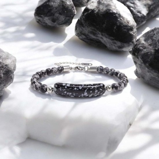 Snowy Obsidyen Doğal Taşlı Çelik Halat Zincir Erkek Bileklik