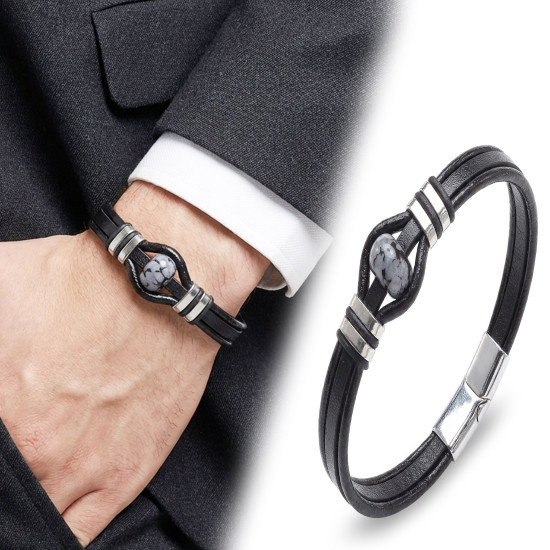 Snowy obsidian rondela doğaltaş ve deri çelik bileklik