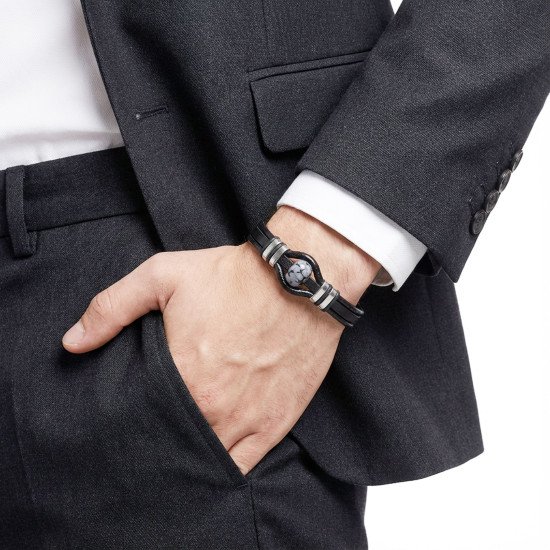 Snowy obsidian rondela doğaltaş ve deri çelik bileklik