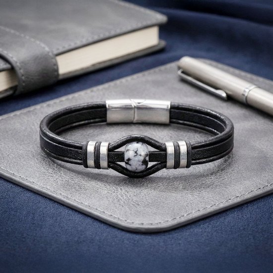 Snowy obsidian rondela doğaltaş ve deri çelik bileklik