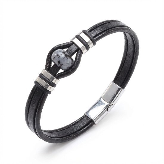 Snowy obsidian rondela doğaltaş ve deri çelik bileklik