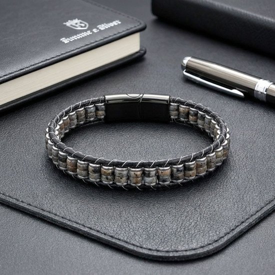 Spektrolit Hematit Çelik Örgülü Deri Erkek Bileklik