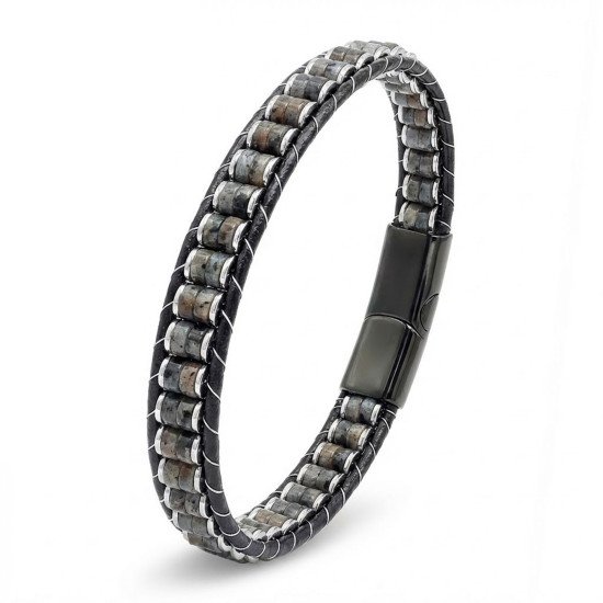 Spektrolit Hematit Çelik Örgülü Deri Erkek Bileklik