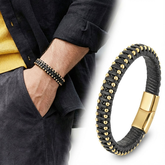 Siyah El Örgüsü Deri ve Sarı Damla Çelik Erkek Bileklik