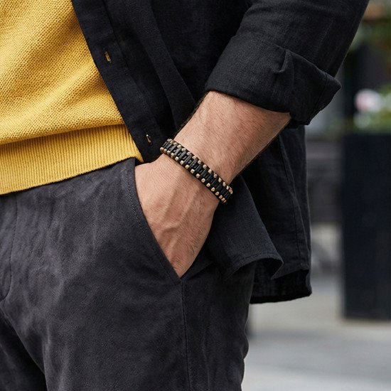 Siyah El Örgüsü Deri ve Sarı Damla Çelik Erkek Bileklik