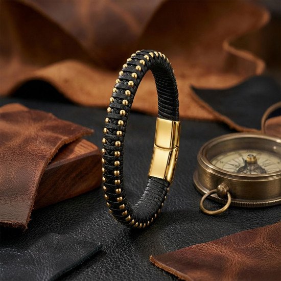 Siyah El Örgüsü Deri ve Sarı Damla Çelik Erkek Bileklik