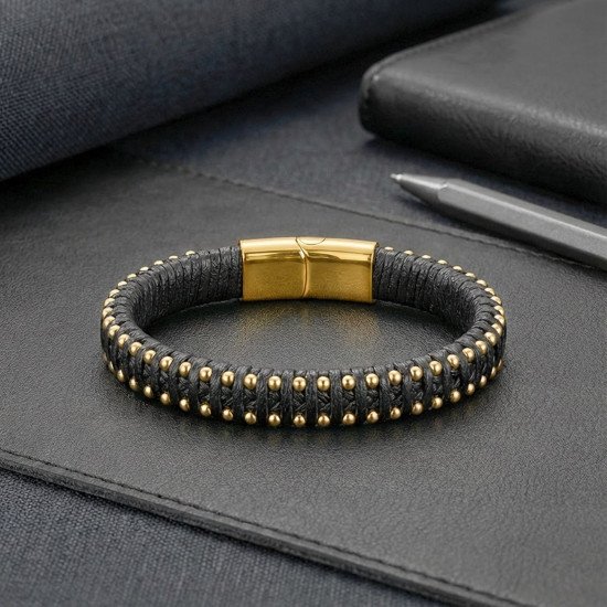 Siyah El Örgüsü Deri ve Sarı Damla Çelik Erkek Bileklik