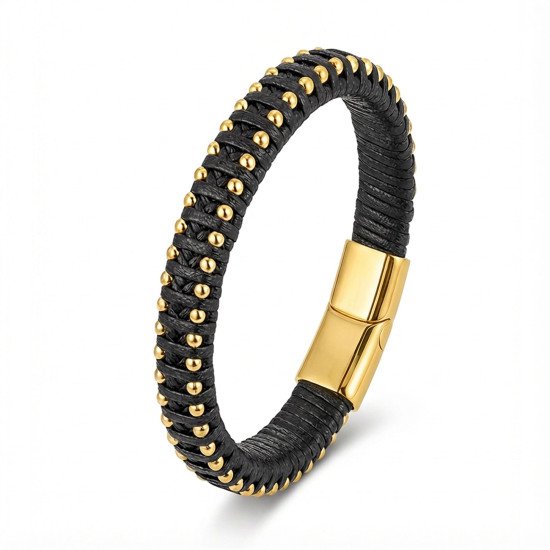 Siyah El Örgüsü Deri ve Sarı Damla Çelik Erkek Bileklik