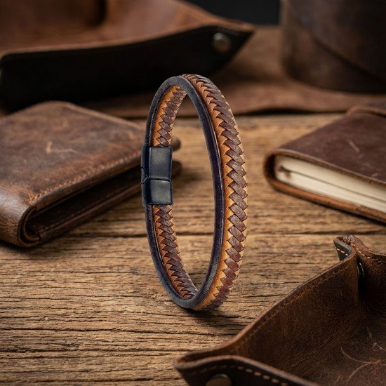 Taba kahve çoklu deri erkek bileklik