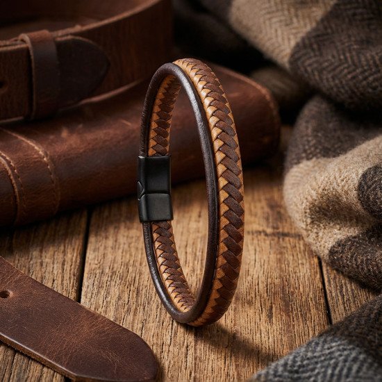 Taba kahve çoklu deri erkek bileklik