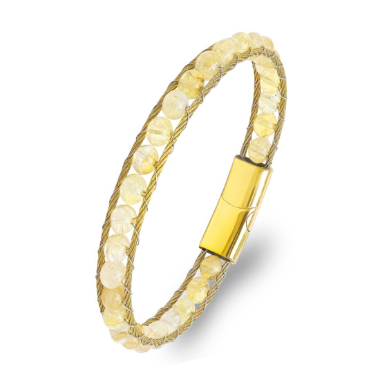 Sitrin taşlı titanyum kilitli 316L çelik halat örme erkek bileklik