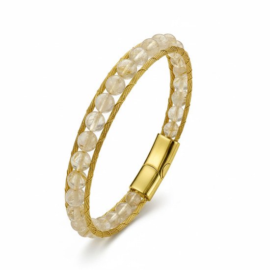 Sitrin taşlı titanyum kilitli 316L çelik halat örme erkek bileklik