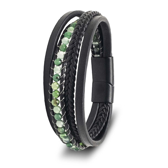 Yeşil Akik Doğal Taş ve Siyah Çoklu Deri Erkek Bileklik