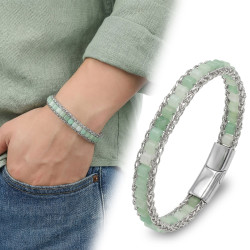 Yeşil Aventurin Doğal Taşlı Hasır Örgü Zincir Çelik Erkek Bileklik