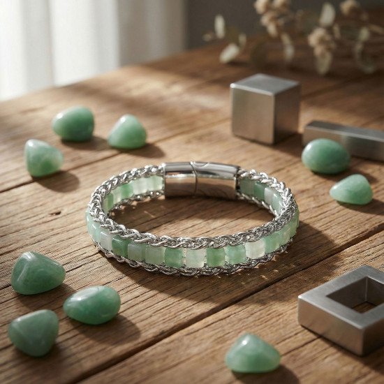 Yeşil Aventurin Doğal Taşlı Hasır Örgü Zincir Çelik Erkek Bileklik Yeşil Aventurin Doğal Taşlı Hasır Örgü Zincir Çelik Erkek Bileklik