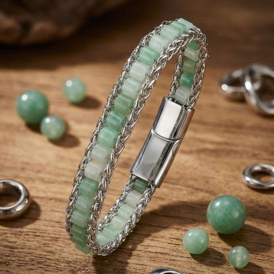 Yeşil Aventurin Doğal Taşlı Hasır Örgü Zincir Çelik Erkek Bileklik Yeşil Aventurin Doğal Taşlı Hasır Örgü Zincir Çelik Erkek Bileklik