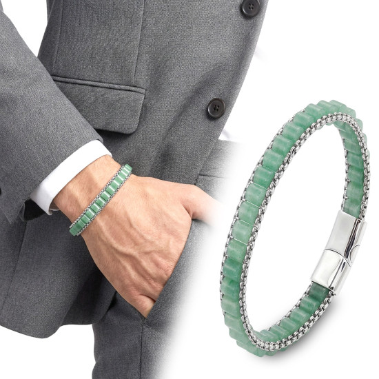 Premium yeşil aventurin doğal taşlı hasır örgü zincirli erkek çelik bileklik