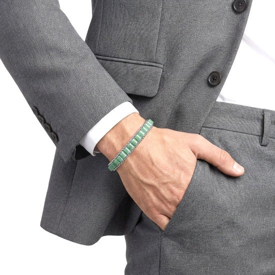 Premium yeşil aventurin doğal taşlı hasır örgü zincirli erkek çelik bileklik