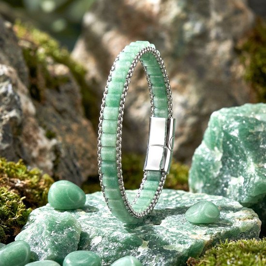 Premium yeşil aventurin doğal taşlı hasır örgü zincirli erkek çelik bileklik