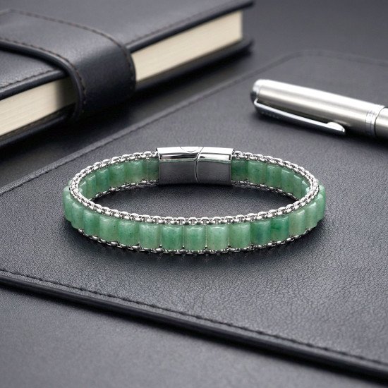 Premium yeşil aventurin doğal taşlı hasır örgü zincirli erkek çelik bileklik