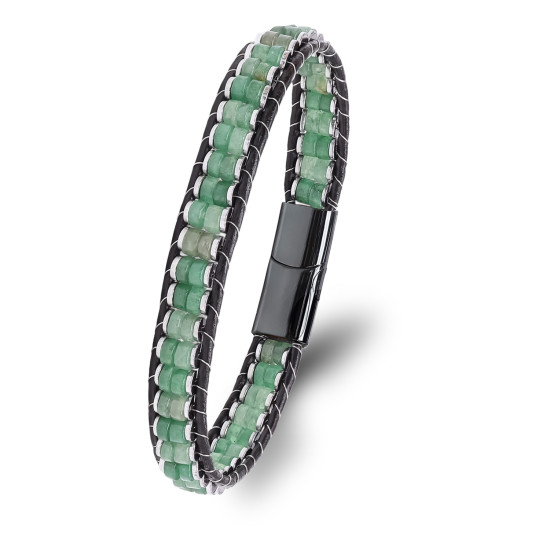 Premium Yeşil Aventurin Hematit Çelik Örgülü Deri Bileklik – Lüks ve Maskülen Yeşil Aventurin Hematit Çelik Örgülü Deri Erkek Bileklik