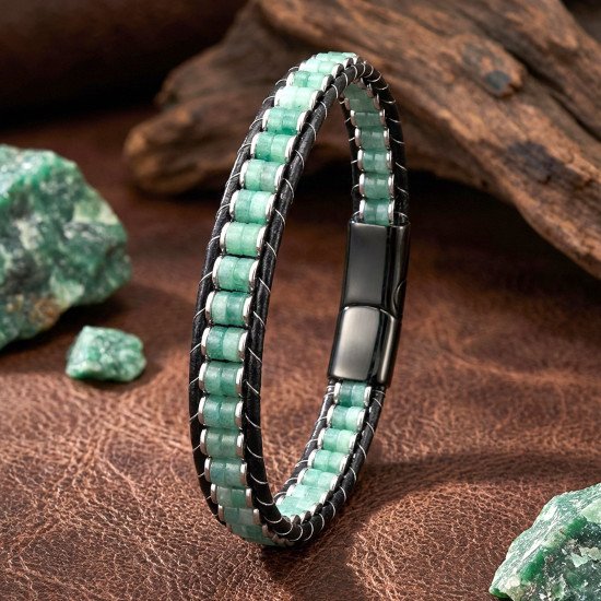 Premium Yeşil Aventurin Hematit Çelik Örgülü Deri Bileklik – Lüks ve Maskülen Yeşil Aventurin Hematit Çelik Örgülü Deri Erkek Bileklik