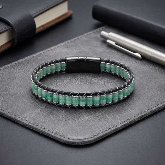 Premium Yeşil Aventurin Hematit Çelik Örgülü Deri Bileklik – Lüks ve Maskülen Yeşil Aventurin Hematit Çelik Örgülü Deri Erkek Bileklik