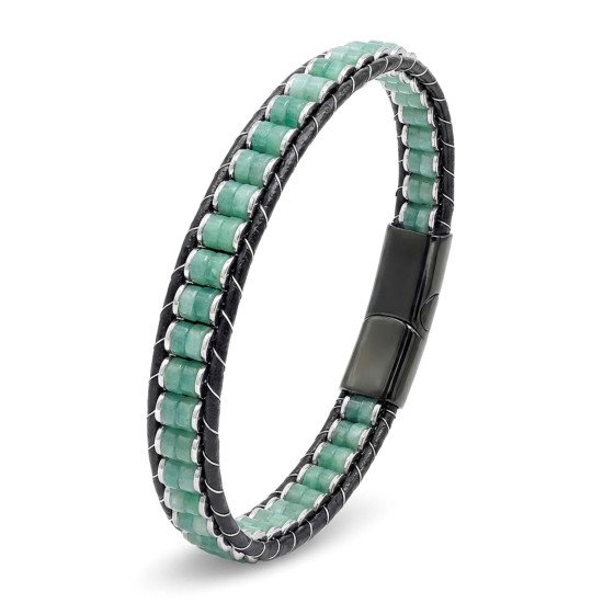 Premium Yeşil Aventurin Hematit Çelik Örgülü Deri Bileklik – Lüks ve Maskülen Yeşil Aventurin Hematit Çelik Örgülü Deri Erkek Bileklik
