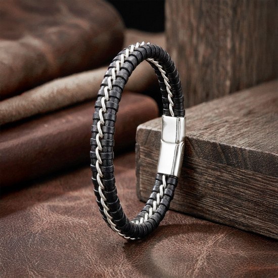 Tek Zincir Çelik & Deri Bileklik – Maskülen Tasarım