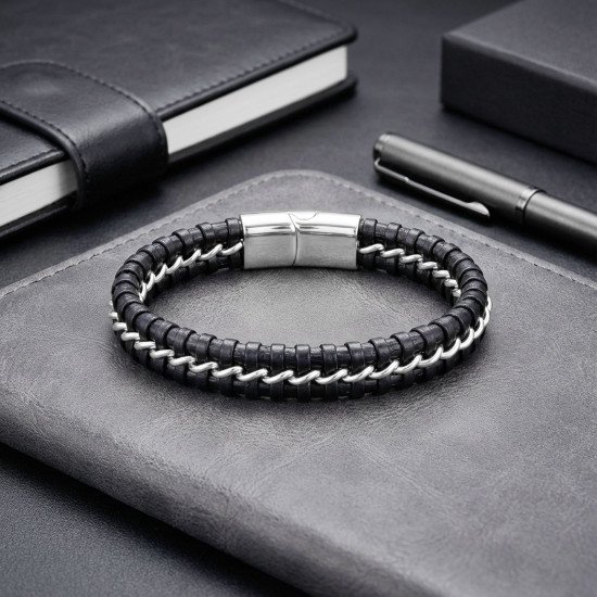 Tek Zincir Çelik & Deri Bileklik – Maskülen Tasarım