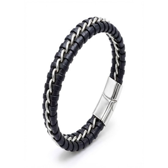 Tek Zincir Çelik & Deri Bileklik – Maskülen Tasarım