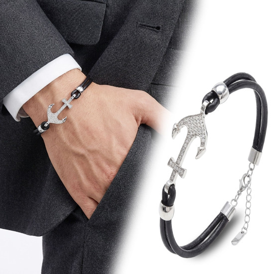 Zirkon taşlı çelik çapa detaylı ayarlanabilir deri erkek bileklik