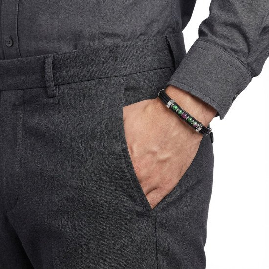 Zümrüt Taşlı Deri Erkek Bileklik