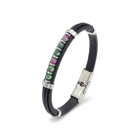 Zümrüt Taşlı Deri Erkek Bileklik