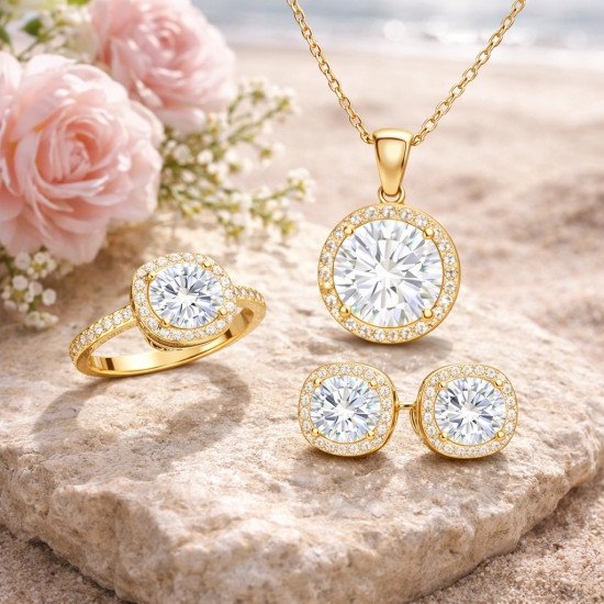 Gümüş Gold Yuvarlak Montür Tek Taş Kadın Set Gümüş Gold Yuvarlak Montür Tek Taş Kadın Set