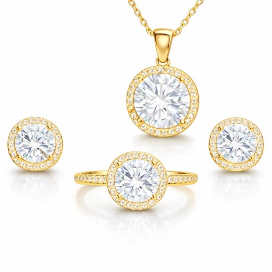 Gümüş Gold Yuvarlak Montür Tek Taş Kadın Set Gümüş Gold Yuvarlak Montür Tek Taş Kadın Set