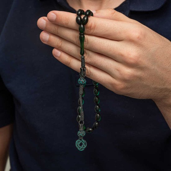 Gümüş Kazaz Püsküllü Yeşil Sıkma Kehribar Tesbih Gümüş Kazaz Püsküllü Yeşil Sıkma Kehribar Tesbih