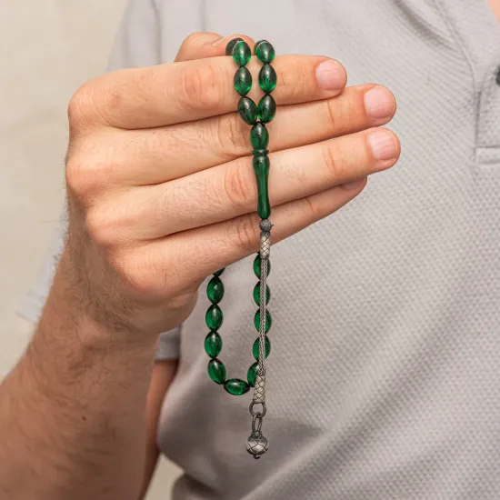 Gümüş Yeşil Kazaz Püsküllü Sıkma Kehribar Tesbih