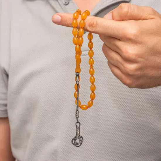 Gümüş Turuncu Kazaz Püsküllü Sıkma Kehribar Tesbih