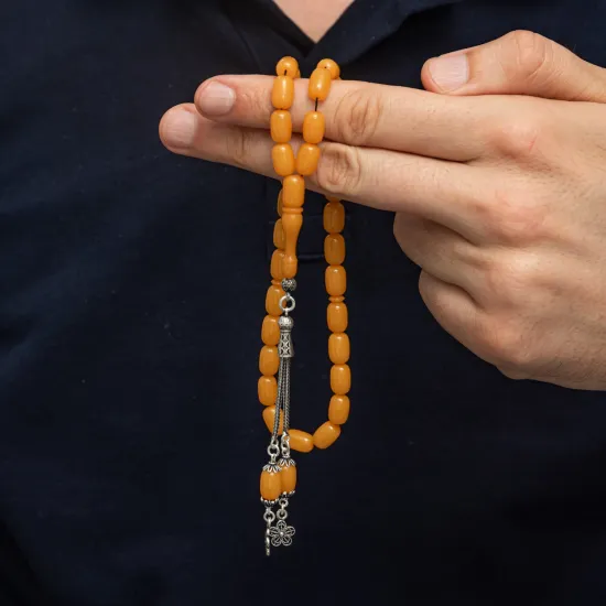 Gümüş Püsküllü Sarı Kapsül Kesim Sıkma Kehribar Tesbih