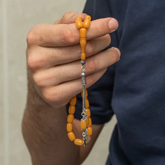 Gümüş Püsküllü Sarı Kapsül Kesim Sıkma Kehribar Tesbih