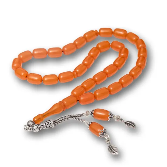 Gümüş Püsküllü Turuncu Kapsül Kesim Sıkma Kehribar Tesbih Gümüş Püsküllü Turuncu Kapsül Kesim Sıkma Kehribar Tesbih